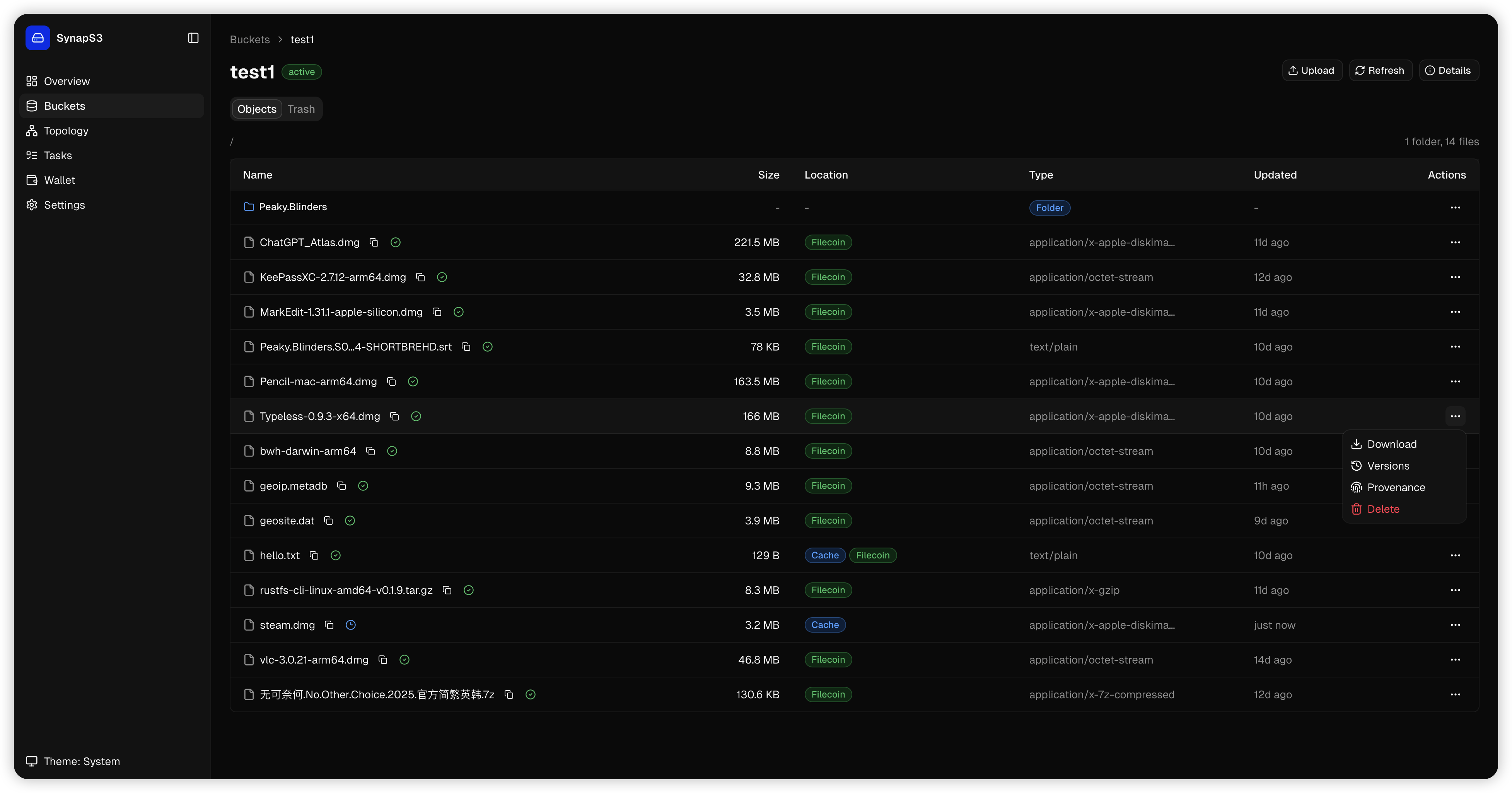 SynapS3 dashboard